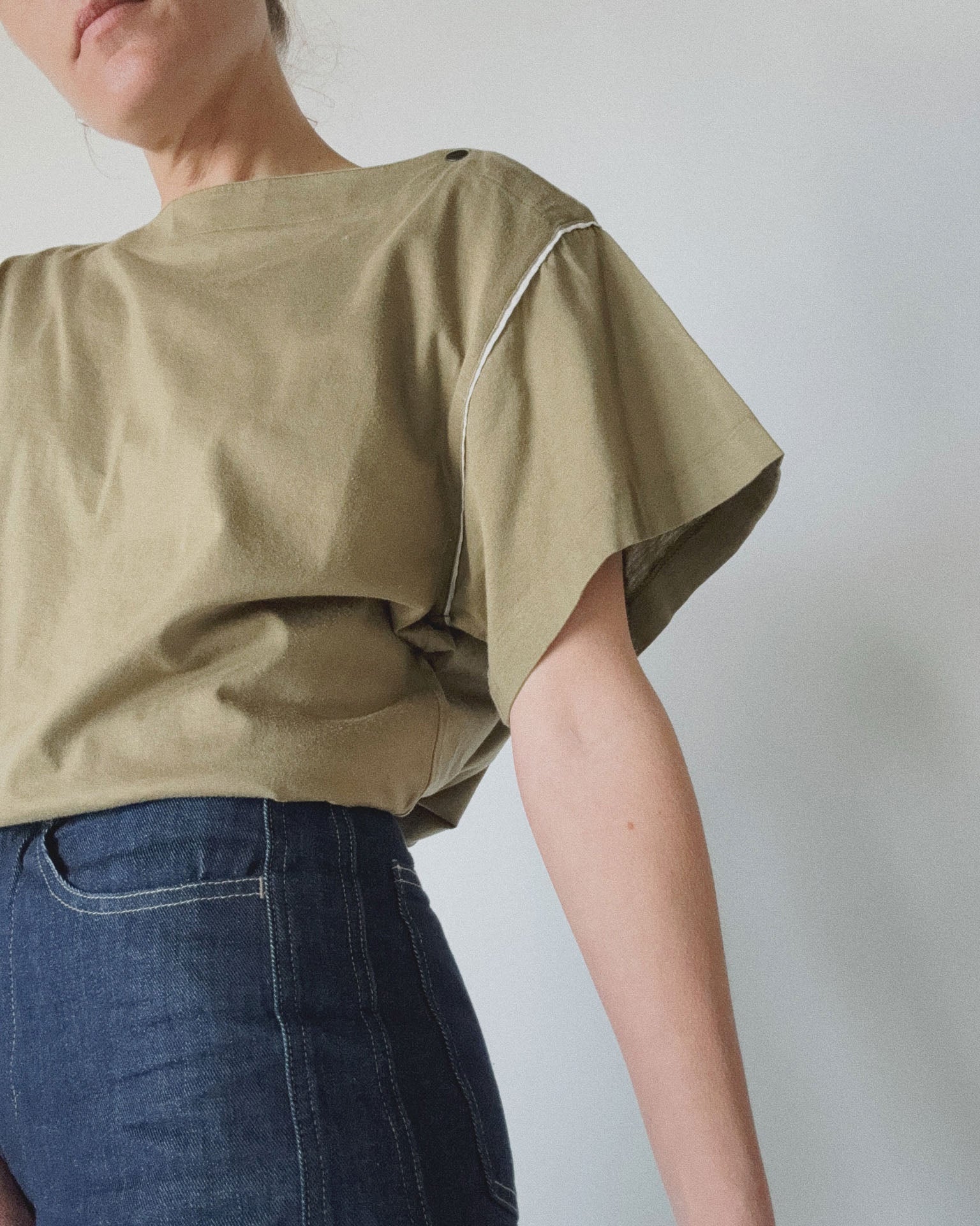 Boatneck Box Tee, Sage with Contrast Piping