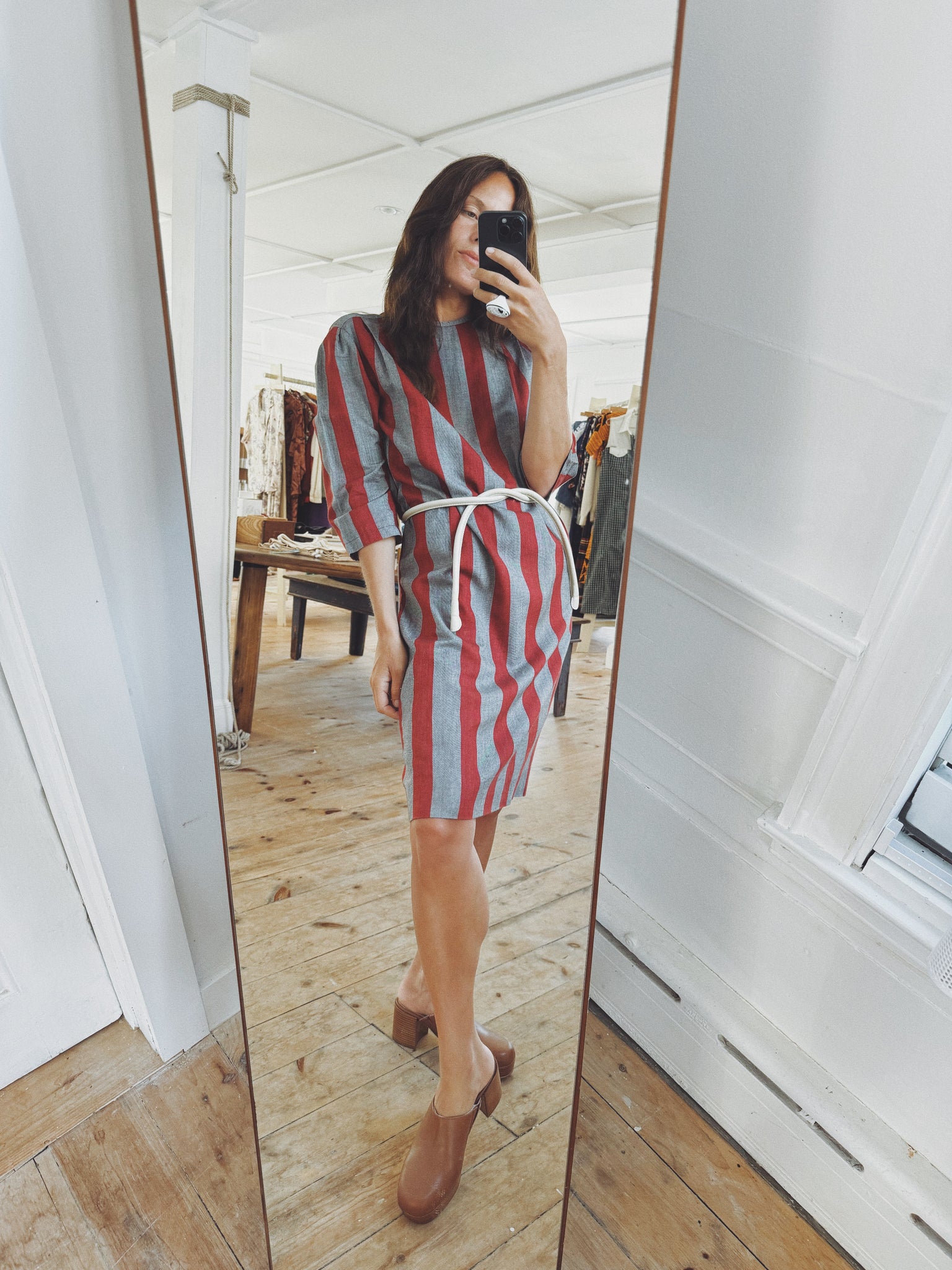 Shift Dress, Red and Grey Stripe