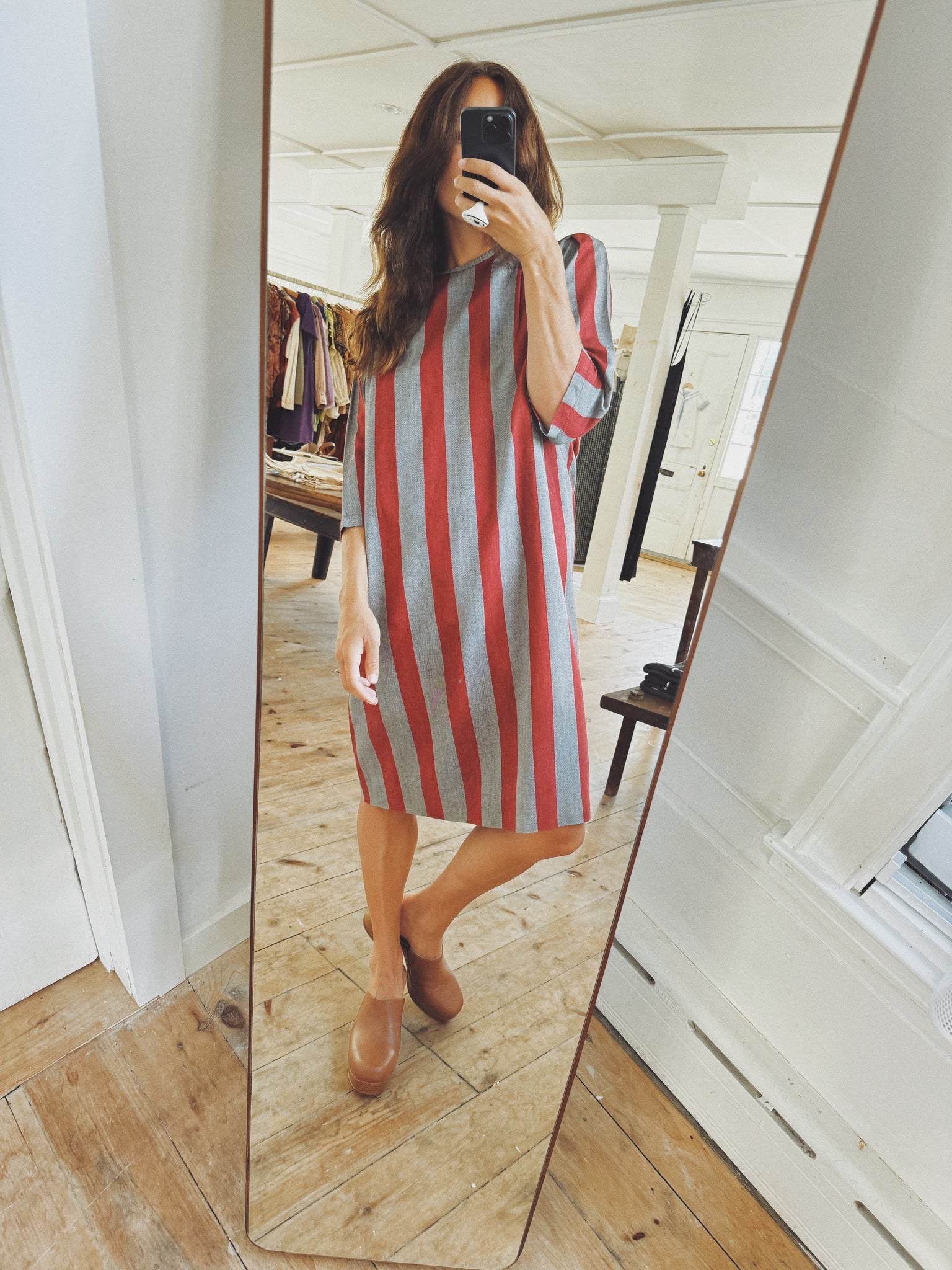 Shift Dress, Red and Grey Stripe