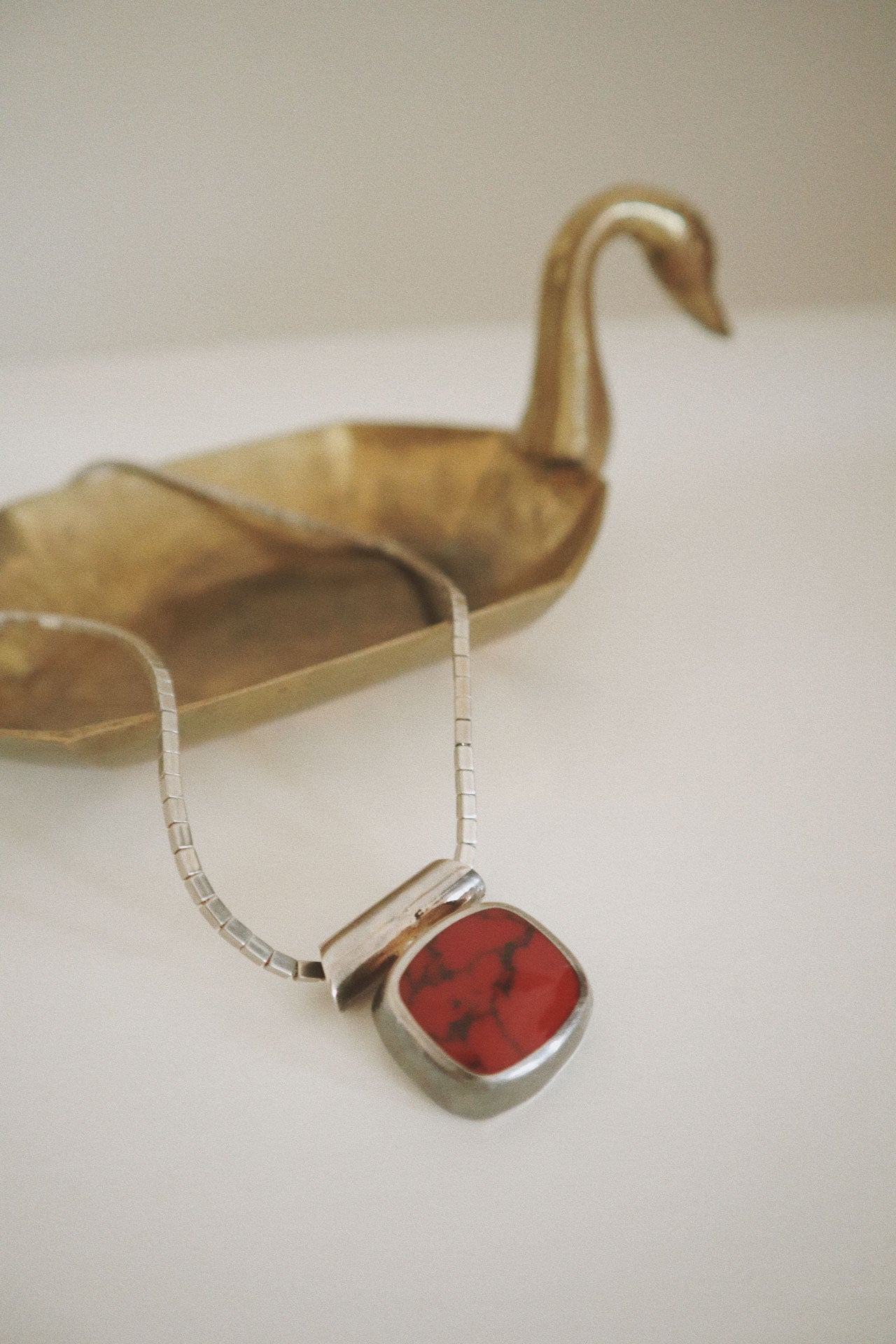 Vintage Mexican Pendant Necklace, Sterling + Red Jasper