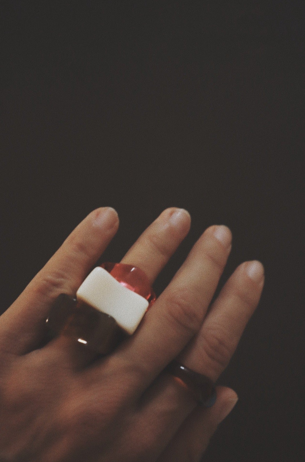 Vintage Squared Lucite Ring, Clear Cherry