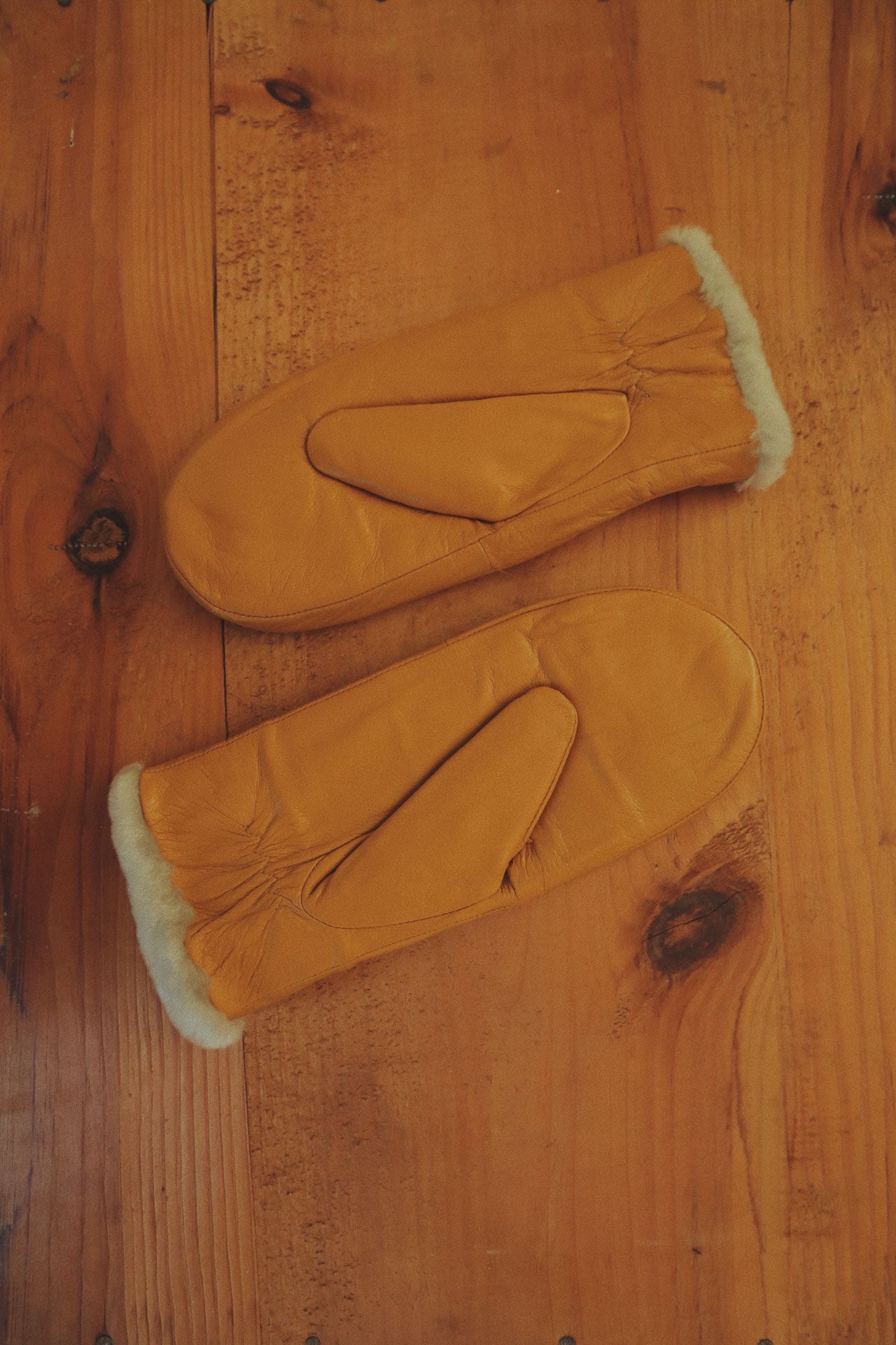 Shearling Mittens, Camel Leather