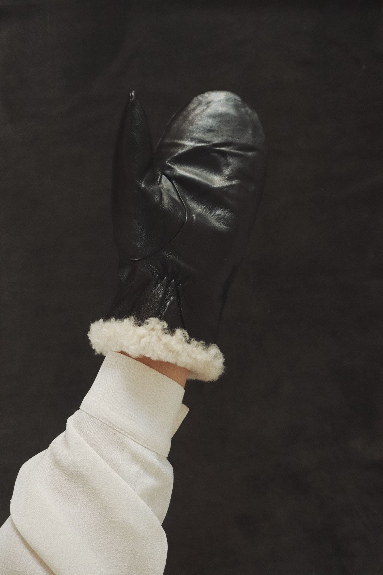 Shearling Mitten, Black Leather