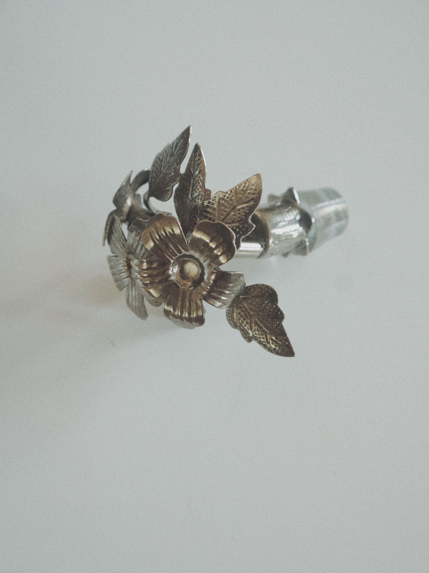 Vintage Bottle Stopper, Hammered Tin Flowers + Glass