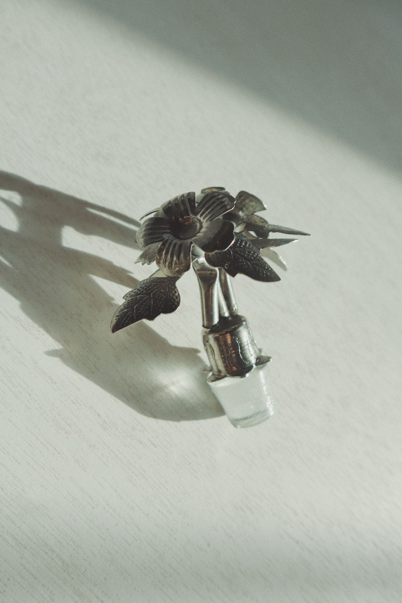 Vintage Bottle Stopper, Hammered Tin Flowers + Glass