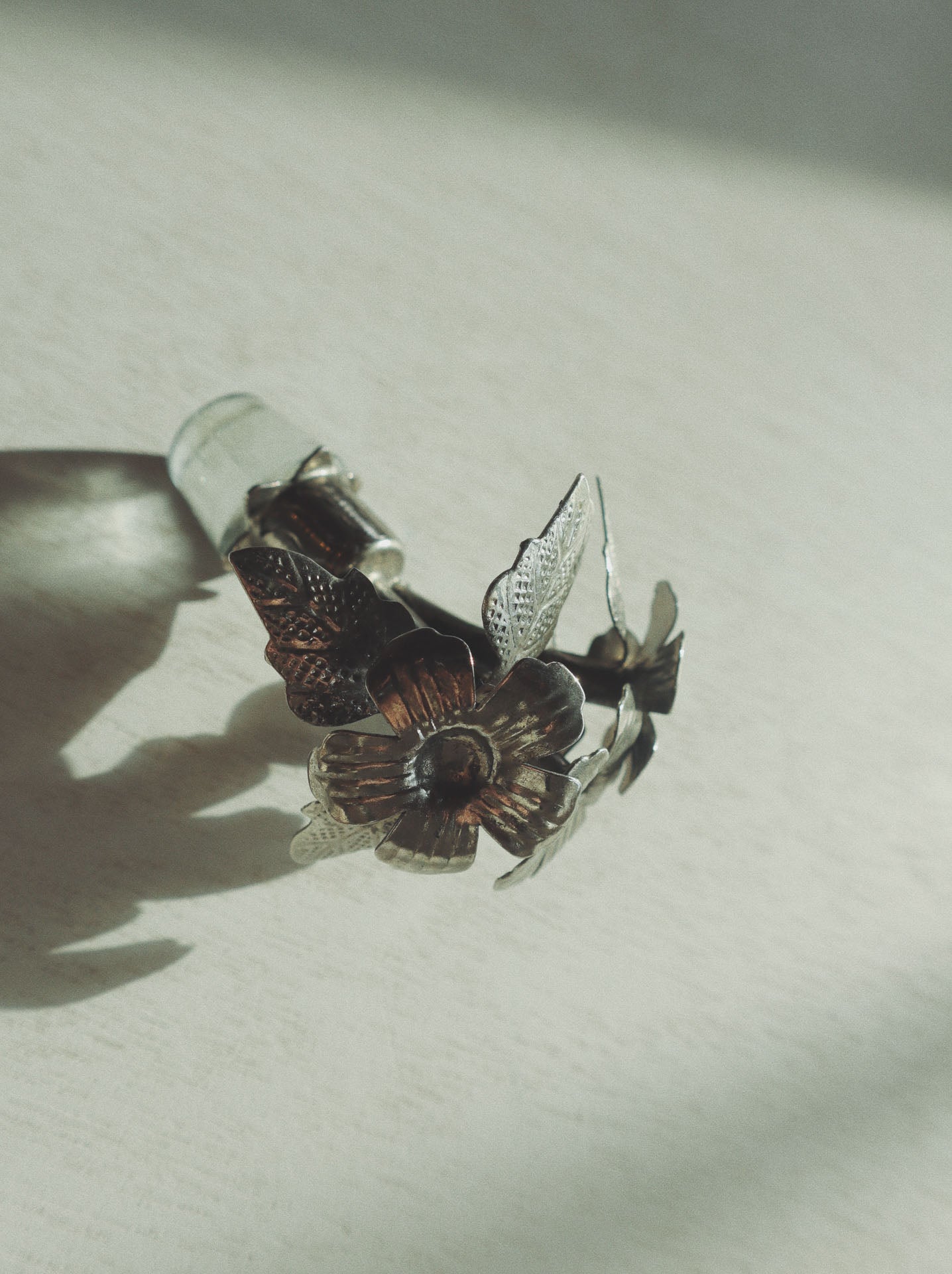 Vintage Bottle Stopper, Hammered Tin Flowers + Glass