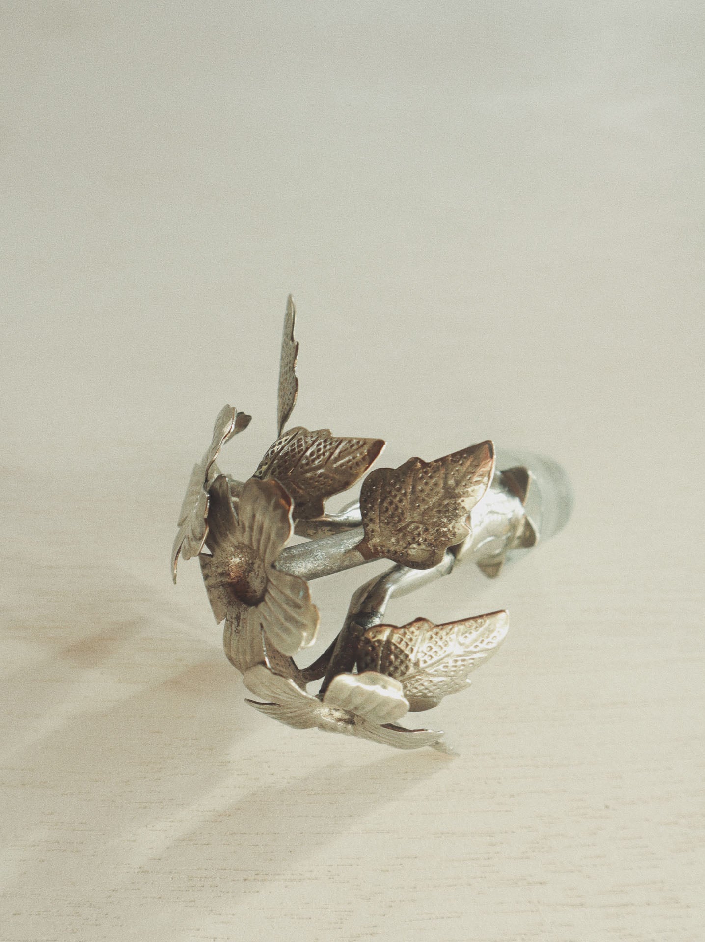 Vintage Bottle Stopper, Hammered Tin Flowers + Glass