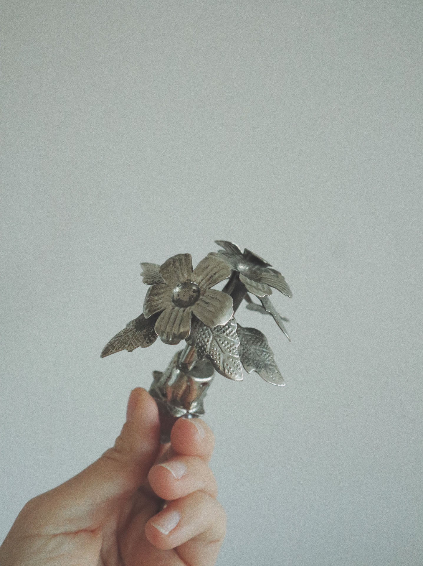 Vintage Bottle Stopper, Hammered Tin Flowers + Glass