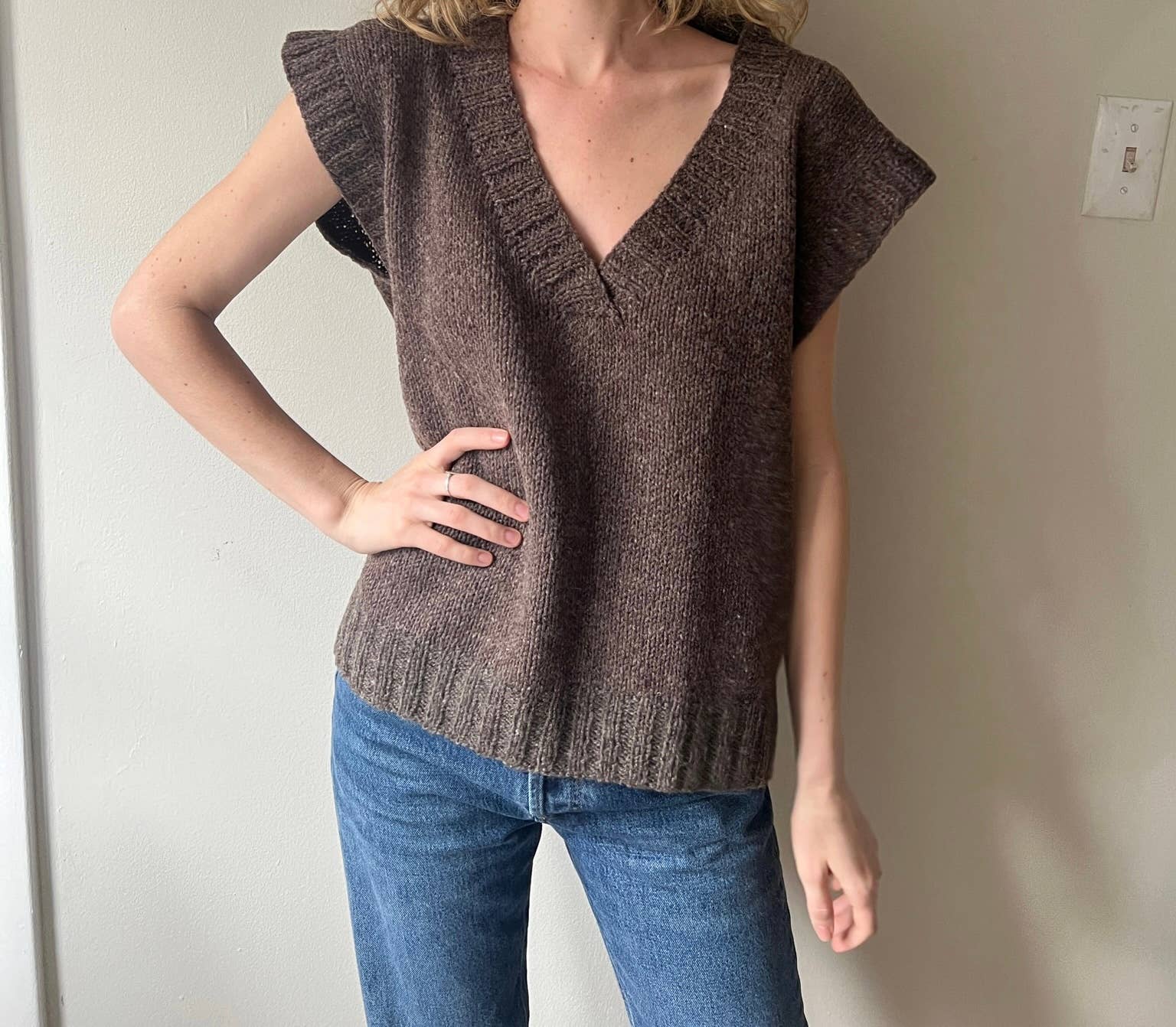 Brown Wool V Neck Pullover